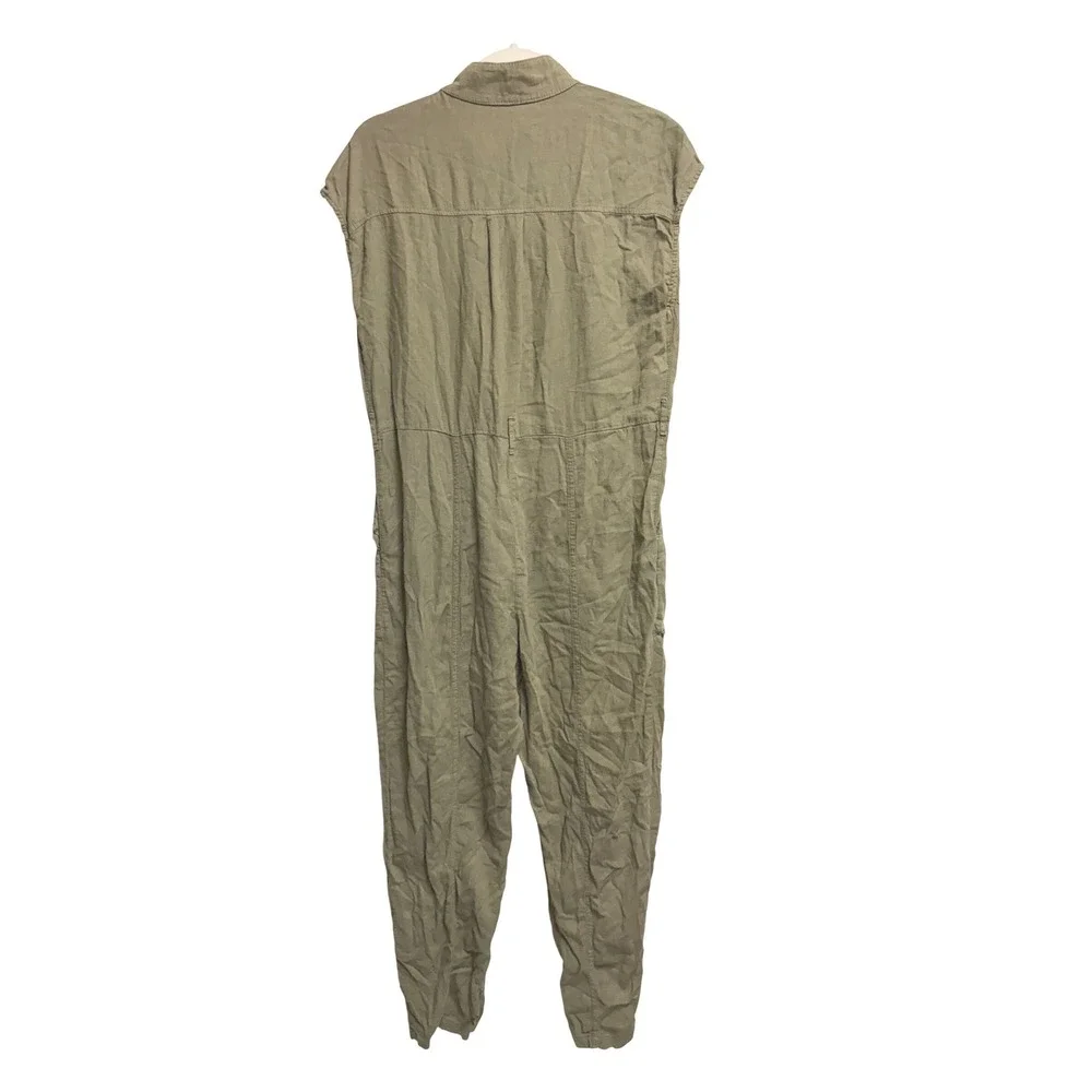 Zara Linen Blend Utility Safari Olive Green Jumpsuit Button Front Cap Sleeve L